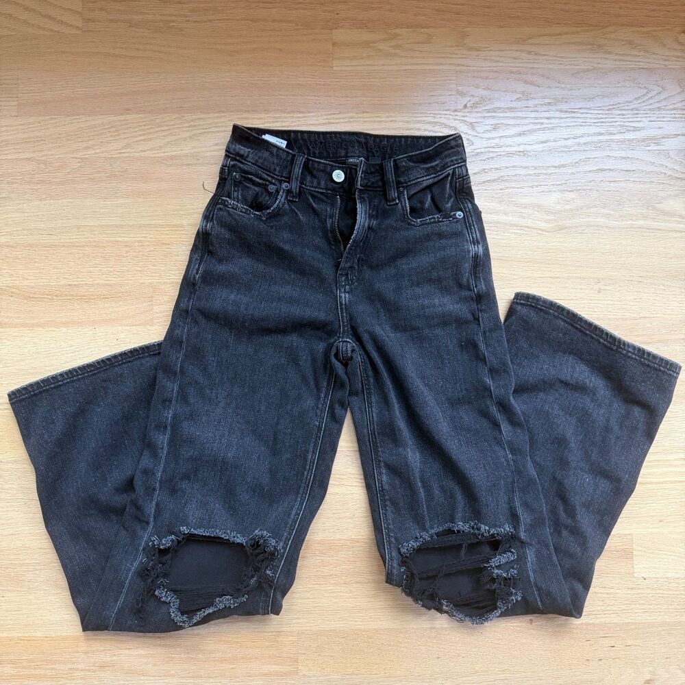 American Eagle Women’s 000 Black Distressed Jeans Stretch Grunge Skater Y2K